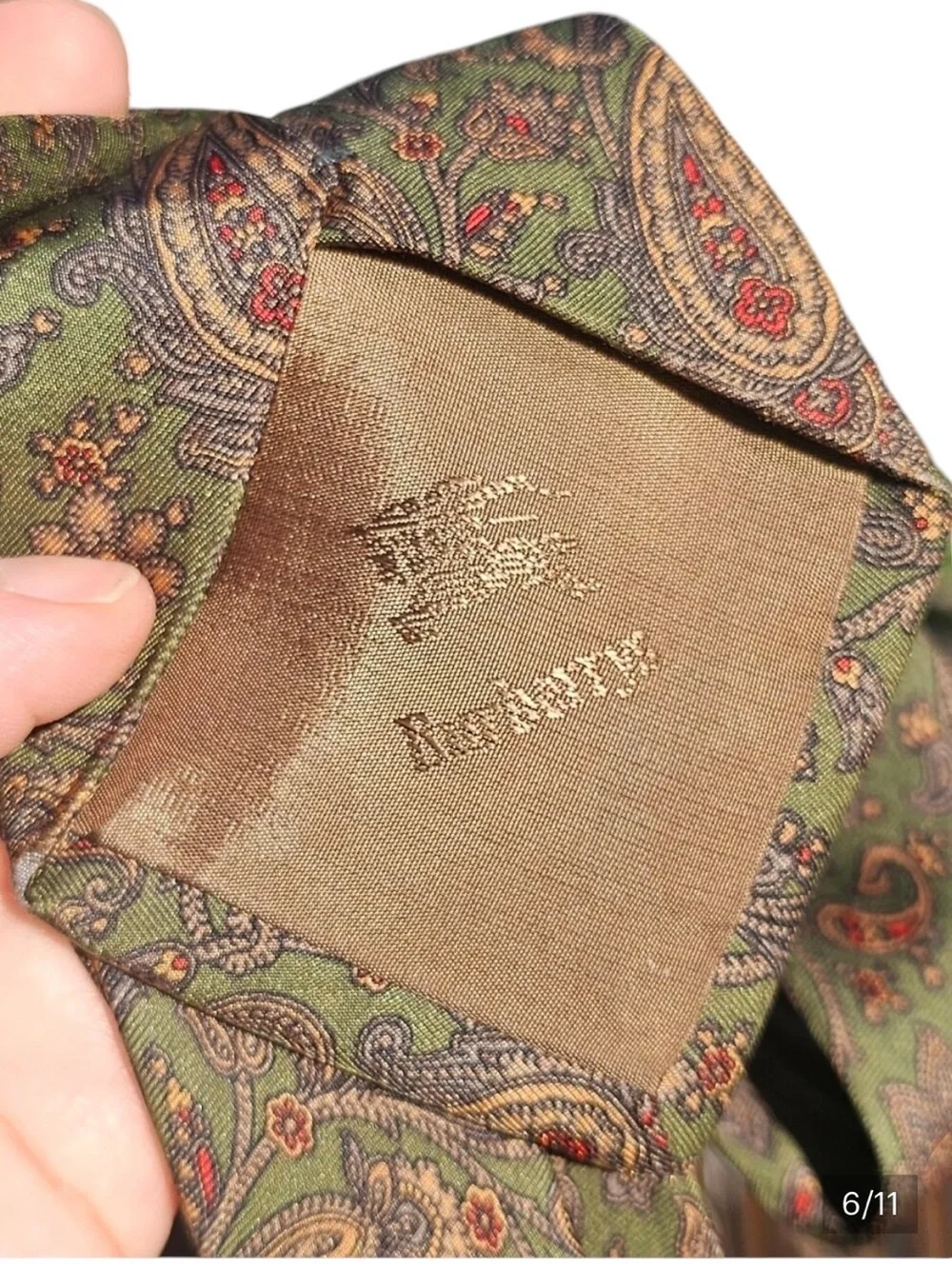 Vintage Burberrys of London Olive Green Paisley 100% Silk Tie Hand Made